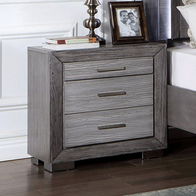 Table de chevet grise pour la chambre à coucher, 3 tables en bois massif avec poignées de bar, pieds en métal, ports, table de chevet de style transitionnel en bois, et -c