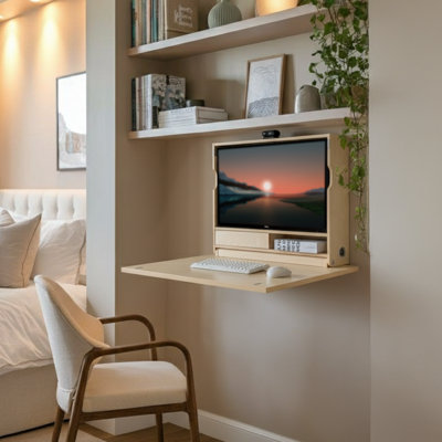 Bureau de travail mural pliant 31 pouces, bureau flottant peu encombrant pour les petits espaces, table d'ordinateur avec tablette de rangement, bureau d'étude pliable pour chambre à coucher, appartement, bureau à domicile