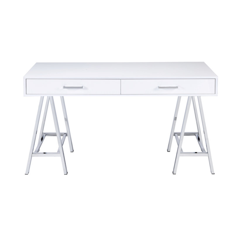 Bureau ultrabrillant avec deux tiroirs de rangement spacieux et spacieux, Blanc