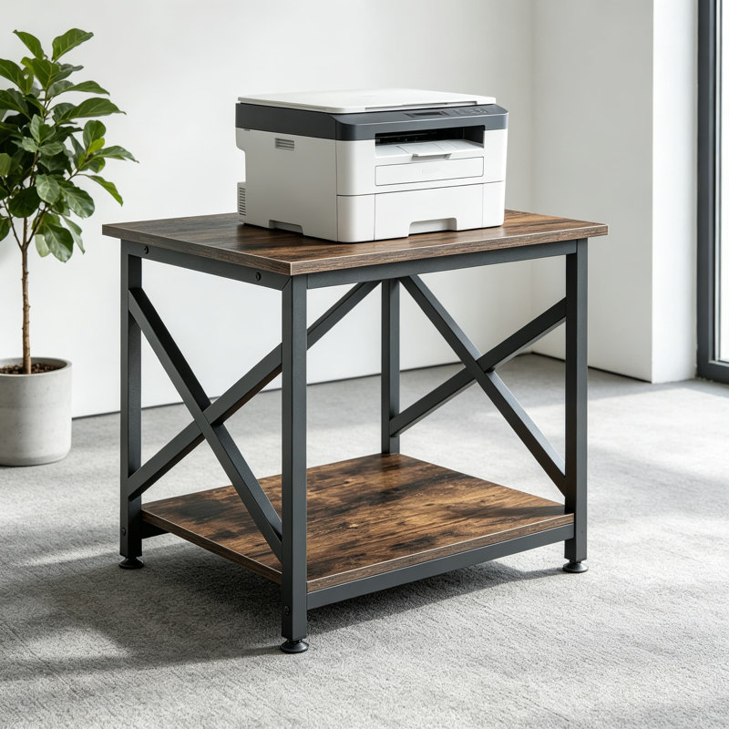Grand support d'imprimante, table d'imprimante carrée 23,6 x 23,6 x 22,6 po avec tablette de rangement, chariot d'imprimante à roulettes à 2 niveaux avec roues industrielles pour bureau à domicile, brun rustique