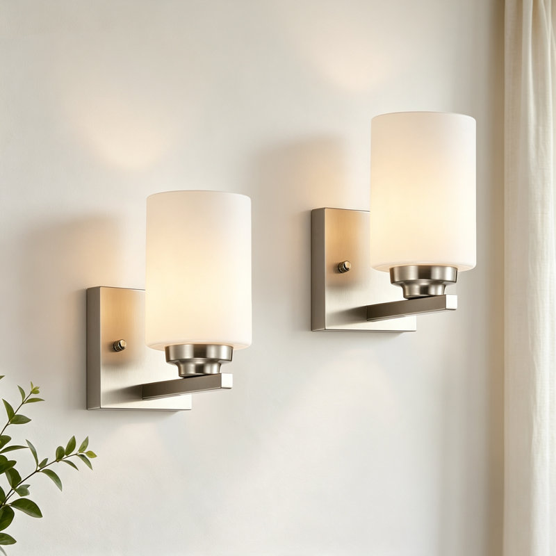 Applique murale d'intérieur 1 lumière en nickel brossé avec abat-jour en verre blanc gravé, Nickel brossé