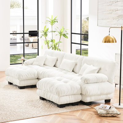 Oversized U Shaped Couch Collection - Chenille White Cloud With 2 Ottomans, Deep Seat For Living Room,