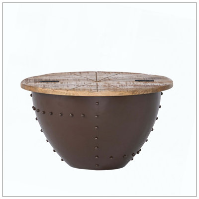 Wooden & Iron Coffee Table, Welded Metal Design, Circular Wooden Hinged Tabletop, Drum-Shaped Iron Base, Functional Centerpiece, Suitable For Living Rooms