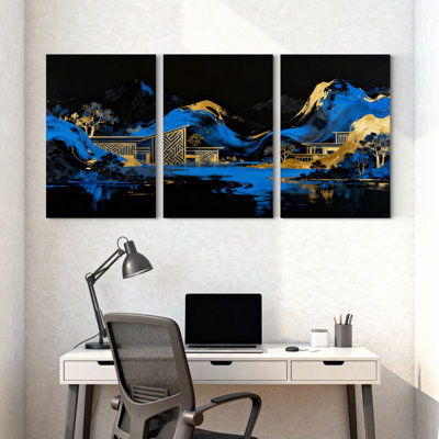 Cités et pays Blue Mountains Golden Trees Black Sky Water Reflections Modern House, ensemble de 3 impressions sur toile