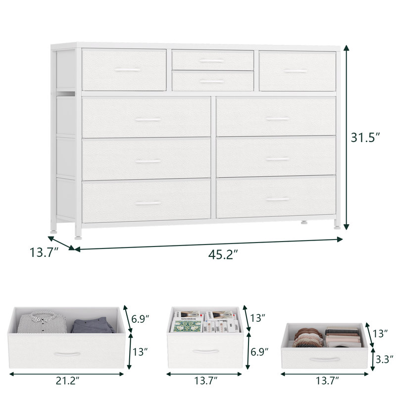 10 Drawers Dresser, Fabric Storage Drawers For Closets, White
