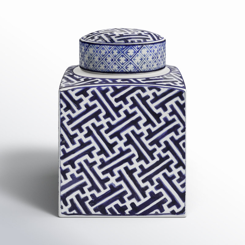 Blue and White Ceramic Ginger Jar with Lid