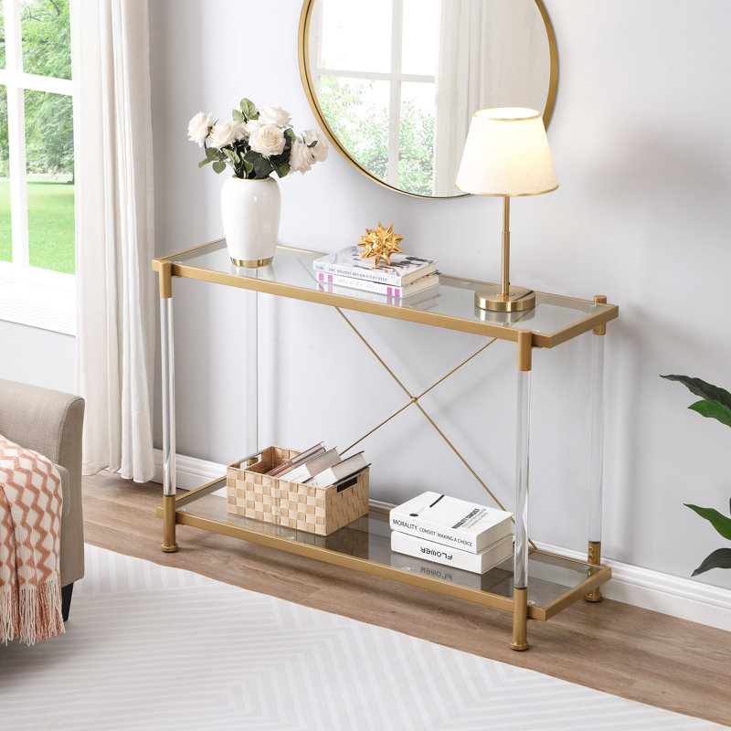 43'' Golden Glass and Metal Console Table with Storage