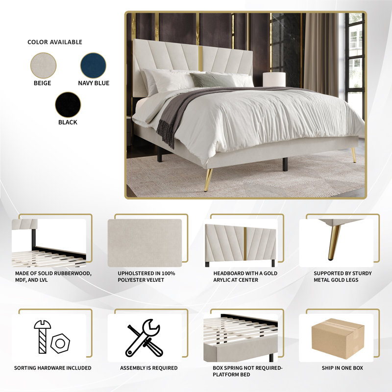 Amapola Upholstered Unfinished Platform Bed, Navy Blue, King