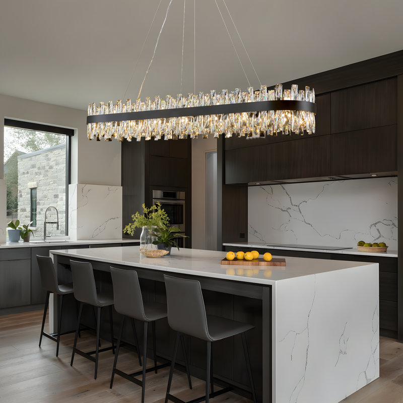 Light Dimmable Square / Rectangle Crystal Chandelier, Matte Black, 9.8" H x 57" W x 12" D