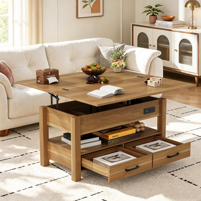 Table basse à plateau relevable divisé avec lumière DEL, station de charge, grand rangement, Natural Wood