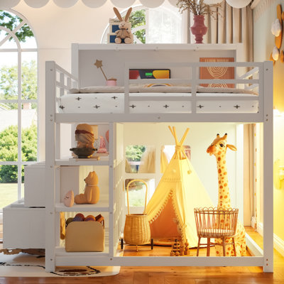 Lit mezzanine Nook Twin Low en métal pour enfants avec tiroirs de rangement et éclairage DEL