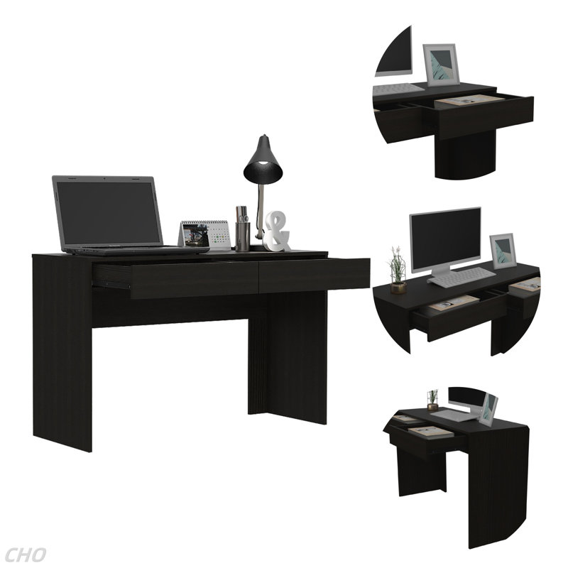 Bureau d'ordinateur avec deux tiroirs d'écriture, Noir