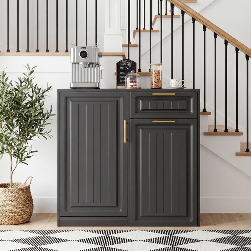 13 Gallons Pull Out Trash Can Cabinet with Storage, Freestanding Kitchen Trash Cabinet with Drawer & Adjustable Shelf, Pet Proof Hidden Trash Bin Holder for Kitchen, Laundry, Living Room, Black