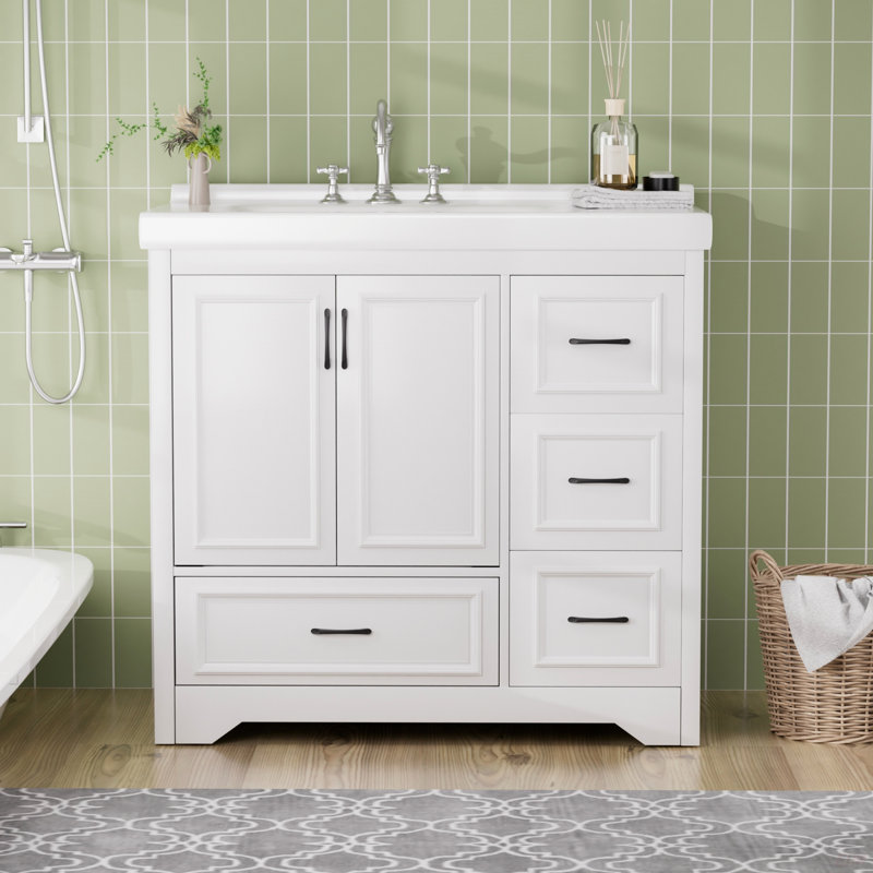 Meuble-lavabo 36 po avec lavabo simple, meuble-lavabo sous-comptoir moderne avec 2 portes et 4 tiroirs. L 35,8 po x P 19,7 po x H 35,4 po.