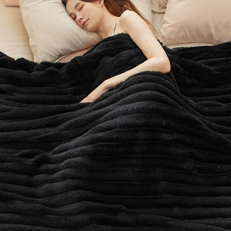 Bedsure 349gsm Blanket For Couch - Super Soft Cozy Blankets, Cute Small Fleece Blanket, Wider Striped Design, Black, King