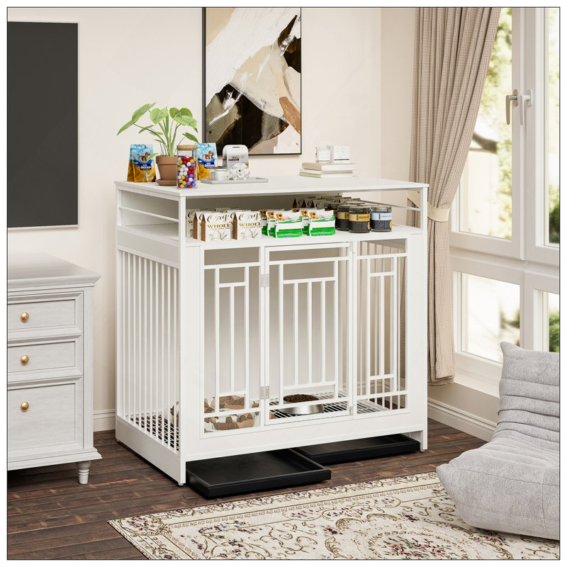 Meuble pour chien en bois 43,3 pouces avec séparateur, trois tiroirs et portes doubles pour grands et moyens chiens, blanc