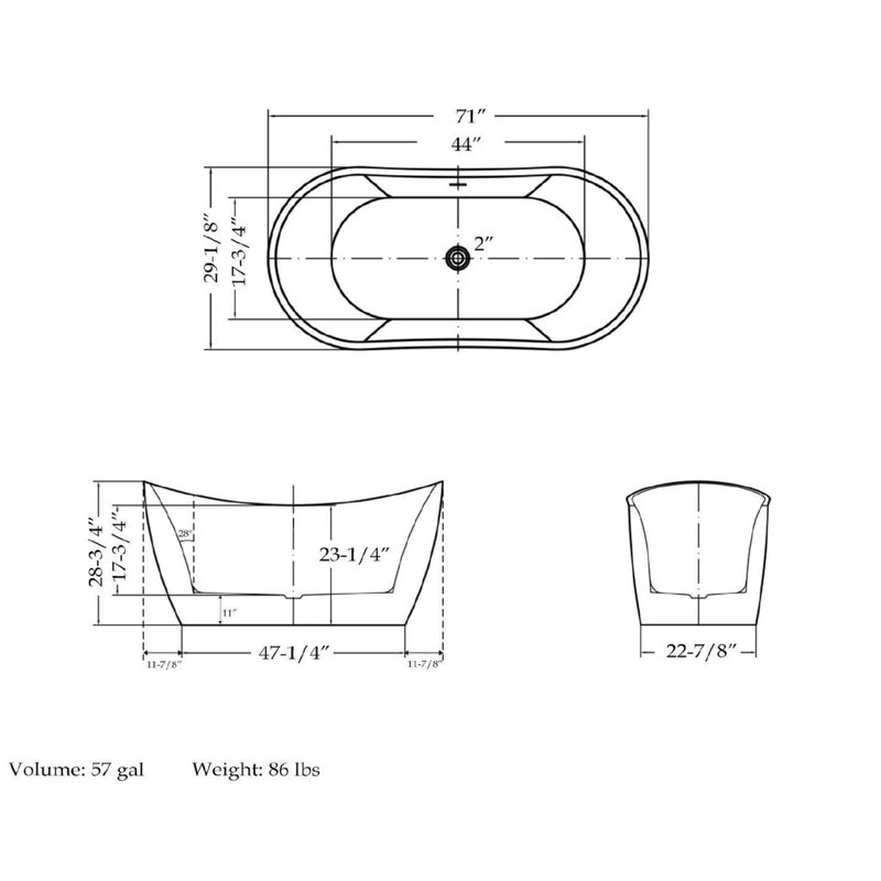 Nile 71'' White Acrylic Double Slipper Freestanding Bathtub
