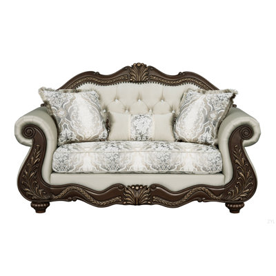 Causeuse Pierce en tissu beige et cerisier avec 3 coussins