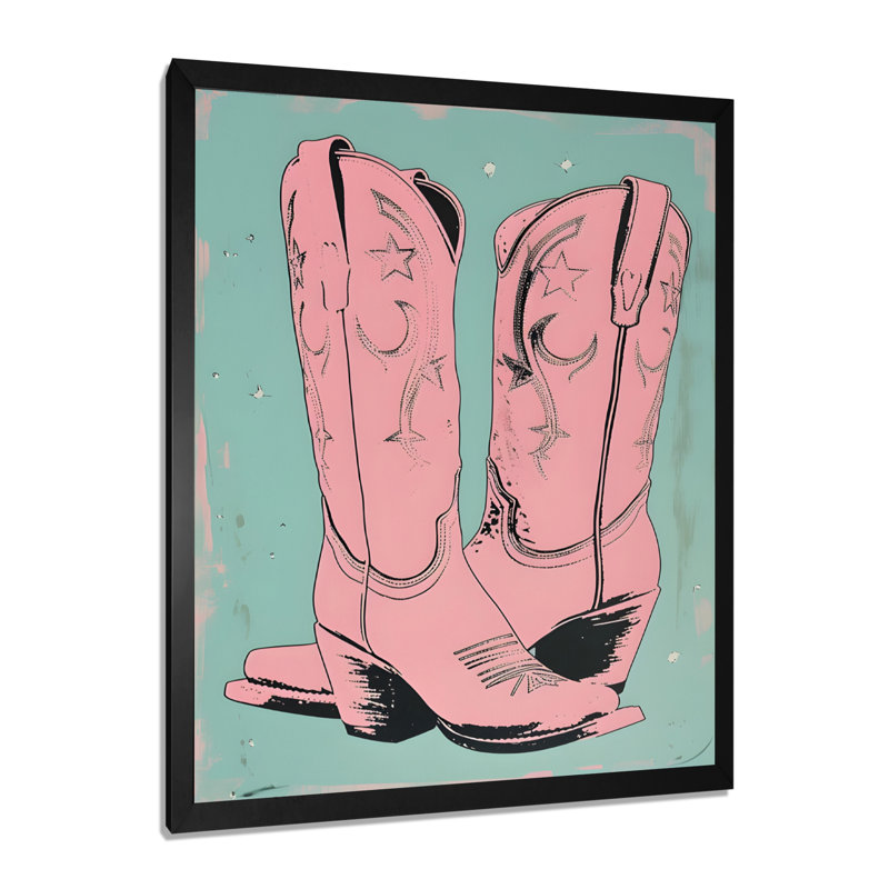 Illustration de bottes de cow-boy roses - impression d'art mural, Toile encadrée noire simple, H 32 po x l 24 po x P 1 po
