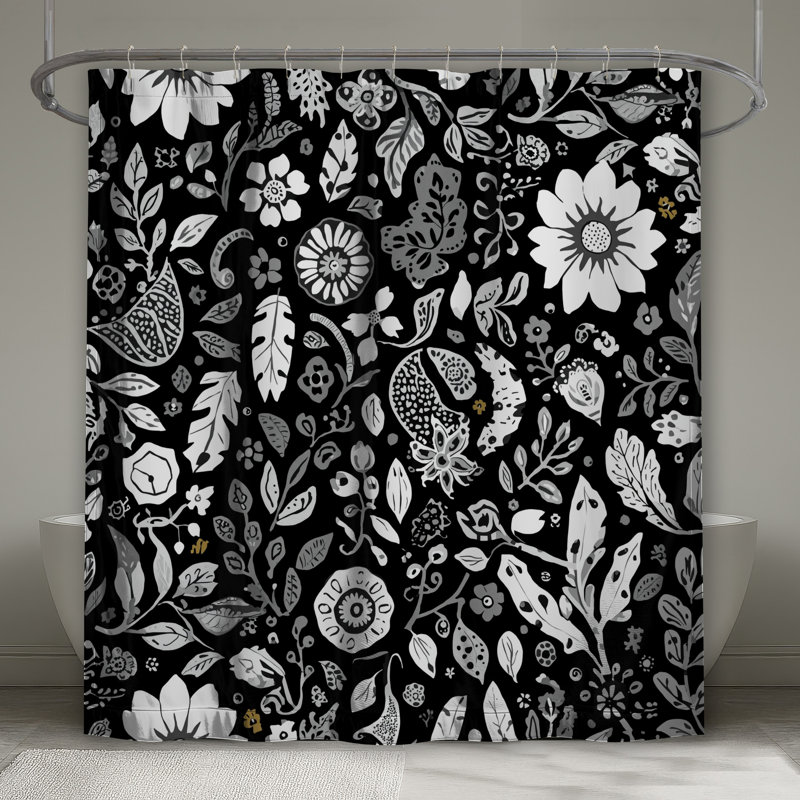 Rideaux de douche noirs et blancs à motif floral très longs, 70 po L x 84 po H