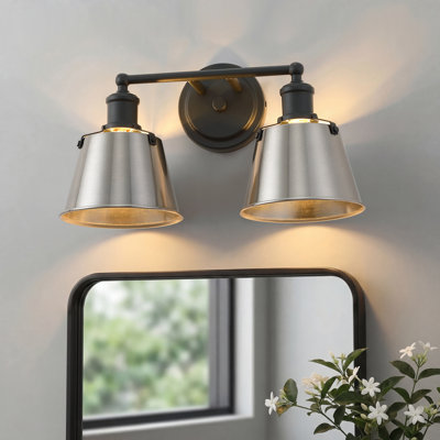 15" 2-light Modern Industrial Matte Black & Brushed Nickel Vanity Light With Open Cone Metal Shades For Bathroom Living Room Bedroom