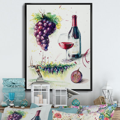 Raisins avec bouteille de vin - œuvre d'art sur toile traditionnelle