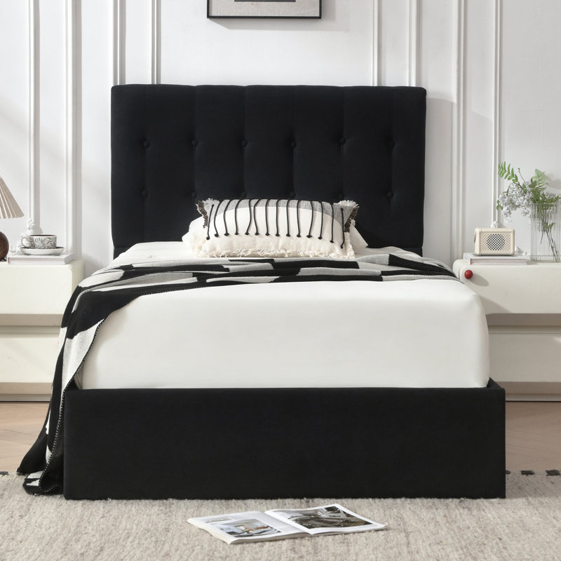 Lit plateforme tapissier avec rangement Arcadia, Noir, Simple