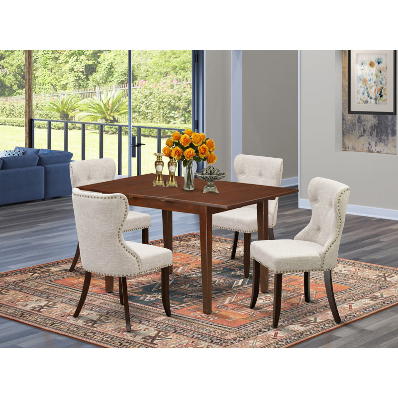 5 Piece Dining Set Includes a Rectangle Dining Room Table with Butterfly Leaf and 4 Doeskin Linen Fabric Upholstered Chairs, Mahogany