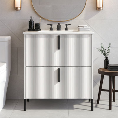  30 Inch Wide Single Bathroom Vanity with Integrated Ceramic Sink and Soft Close Drawers White