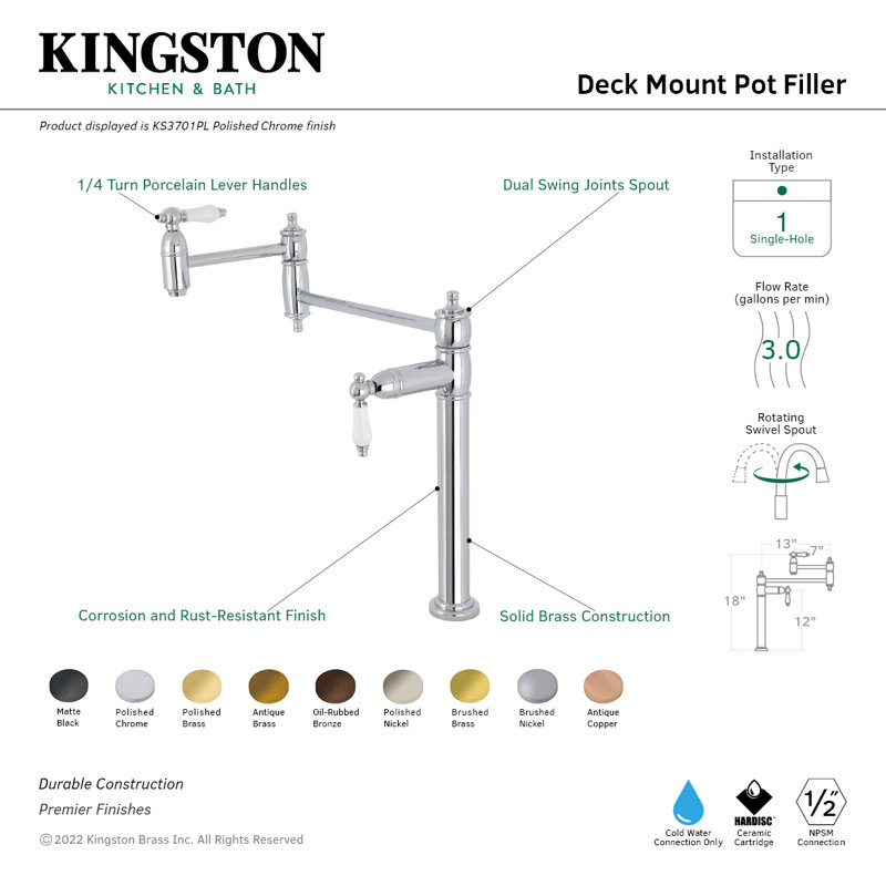 Kingston Brass Two-Handle 1-Hole Deck Mount Pot Filler Faucet, Brushed Nickel/White
