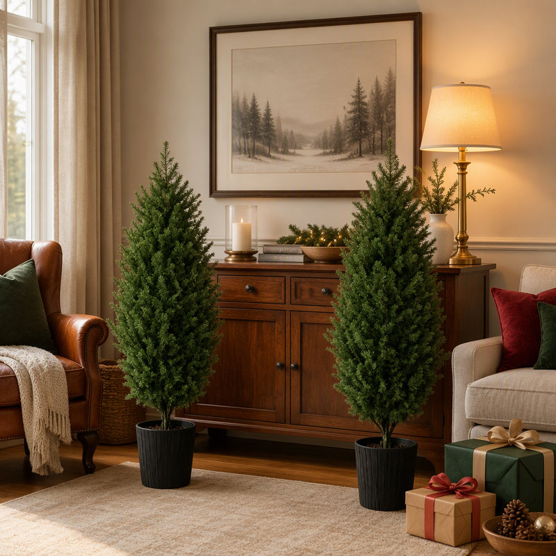 Ensemble de 2 arbres de Noël artificiels en cèdre de 4 pi résistants aux rayons UV, 291 pointes de branches en PE, faux arbre à feuilles persistantes pour la décoration de patio de maison de vacances