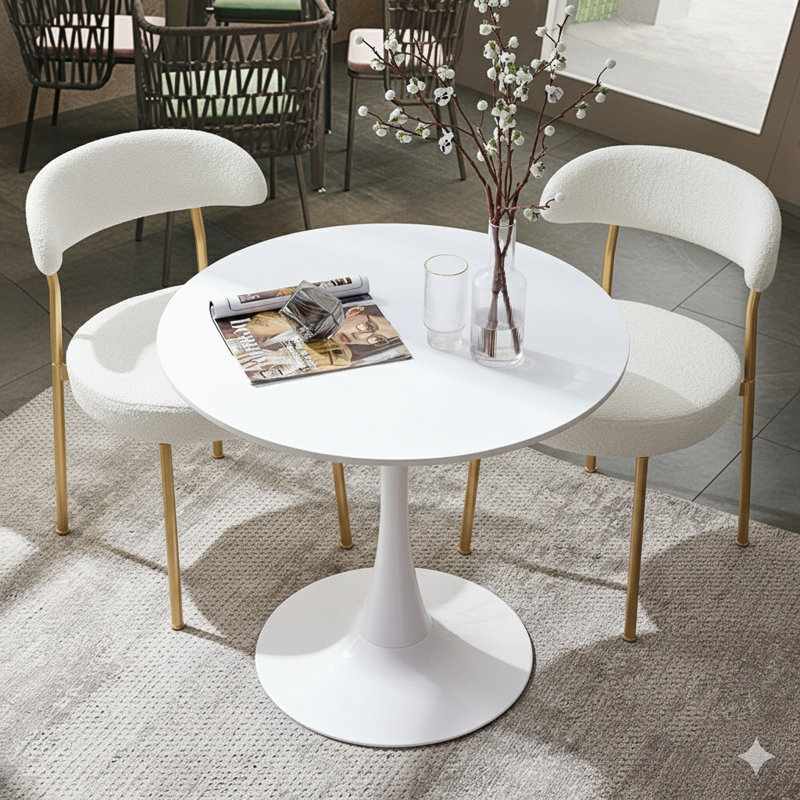 Round Dining Table Sets With 2 Chairs, White, White/Gold