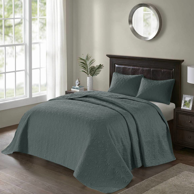 Couvre-lit réversible 3 pièces à motif de lit pour un état de repos décontracté, rembourrage en coton prélavé, avec 2 taies décoratives pour un sommeil apaisant,