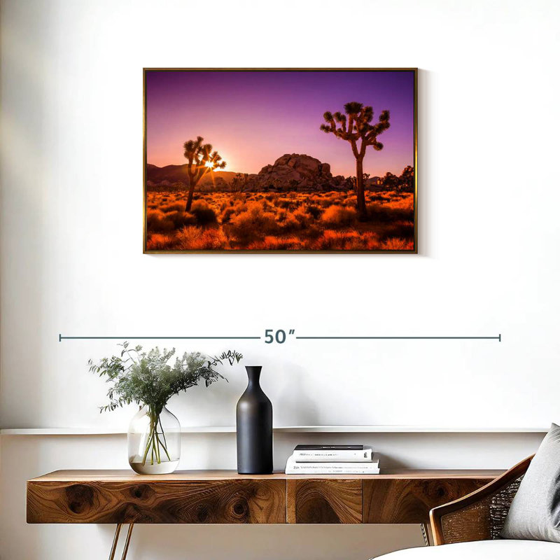 Arbres Joshua ensoleillés, Cadre flottant doré, 31 po x 21 po