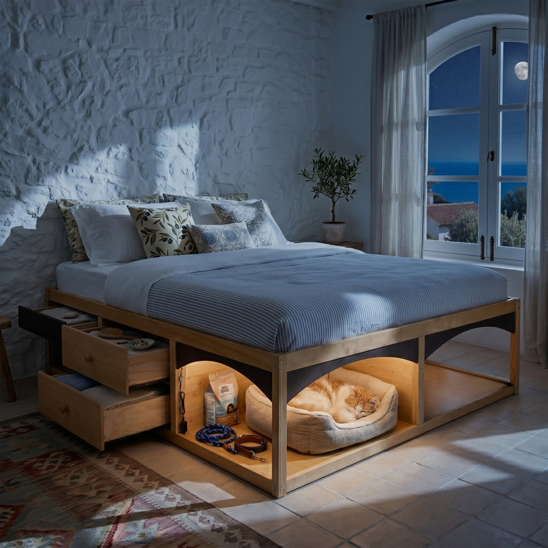 Structure très grand lit avec tiroirs de rangement, lit plateforme sans tête de lit, design adapté aux animaux de compagnie, aucun sommier tapissier requis, style minimaliste moderne