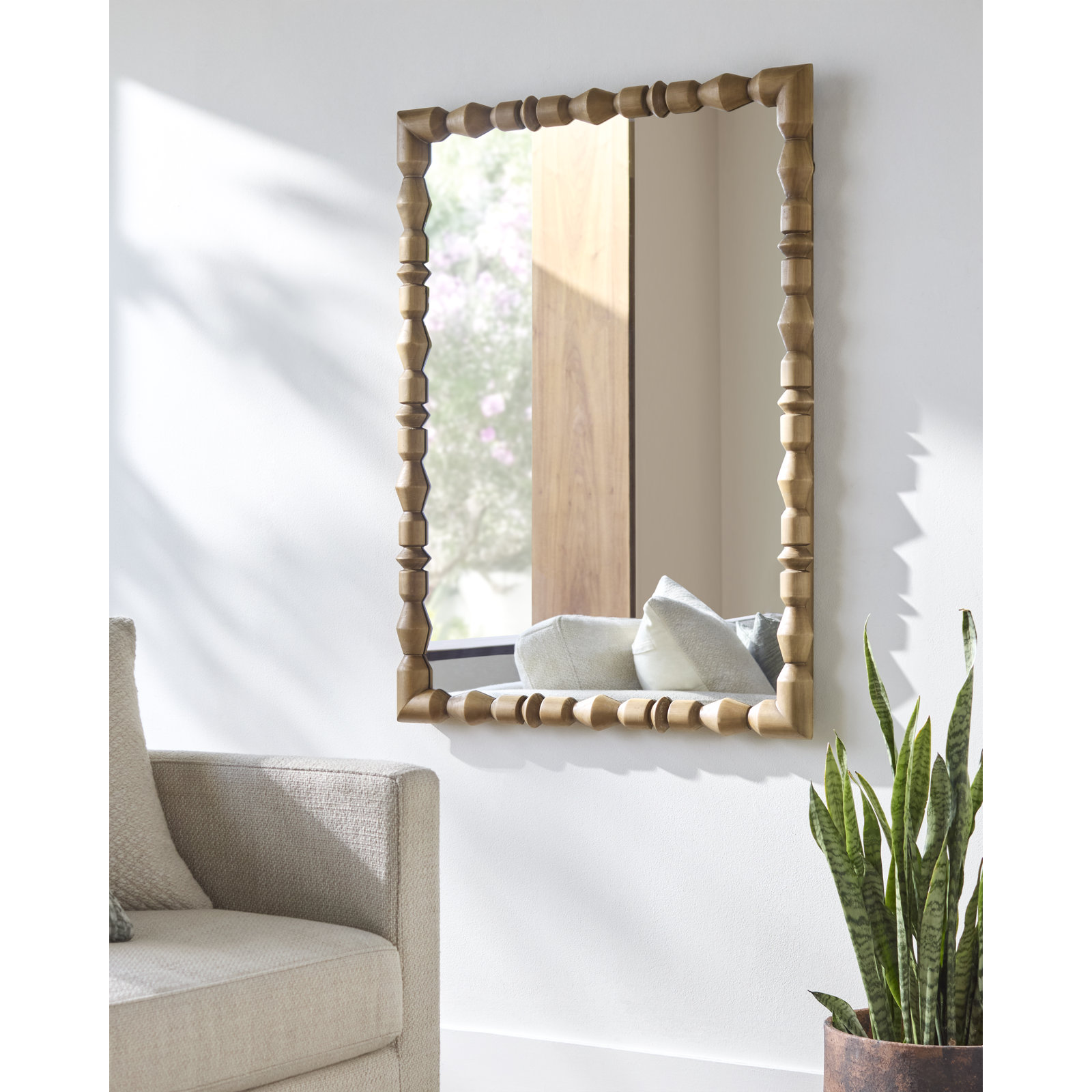 Aavo Beaded Wood Wall Mirror, Natural Wood, 40" x 30"