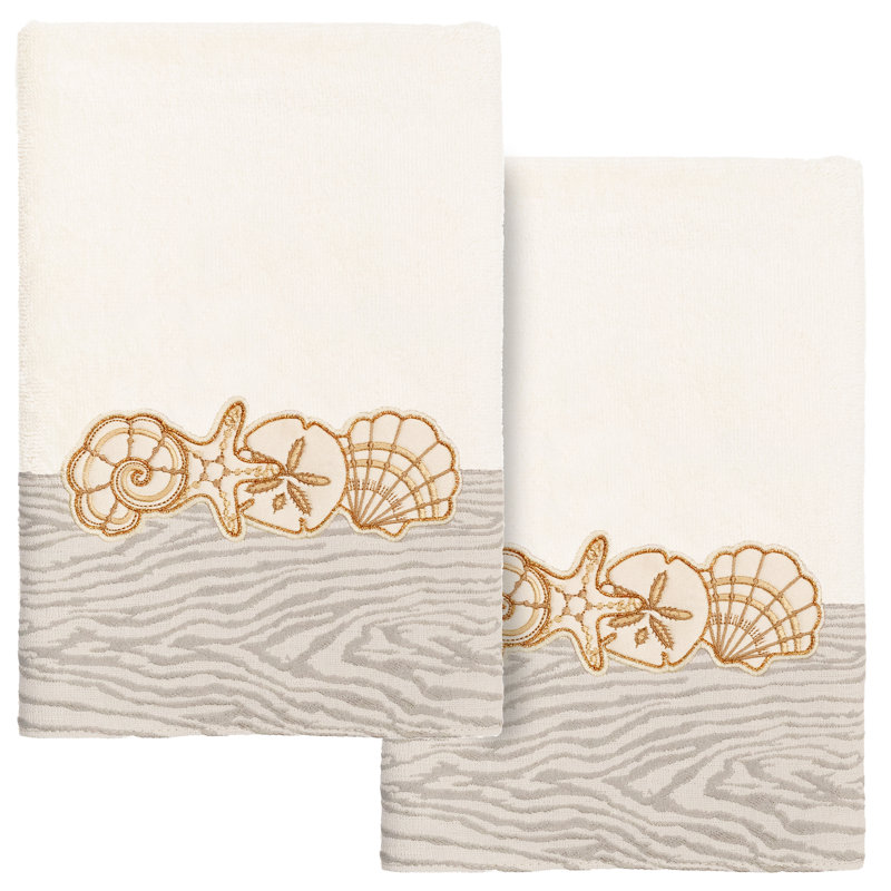 SHELL ROW 2PC Embellished Hand Towel Set 100% Turkish Cotton Hand Towel, Beige