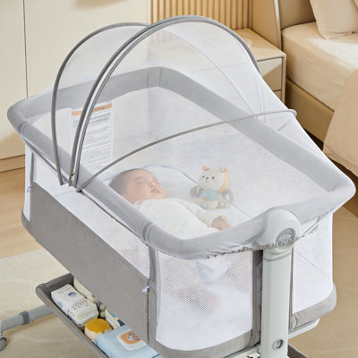 GarveeHome Foldable Bedside Sleeper & Baby Bassinet with Zipper Mosquito Net, Portable Nursery Travel Crib with 150D Linen Fabric & Sturdy Iron Frame Pack and Play, Light Gray