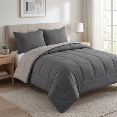 3-Piece Solid Reversible Double/Queen Comforter Set, Charcoal and Light Grey, All-Season Down Alternative Hotel Bedding (Camden)