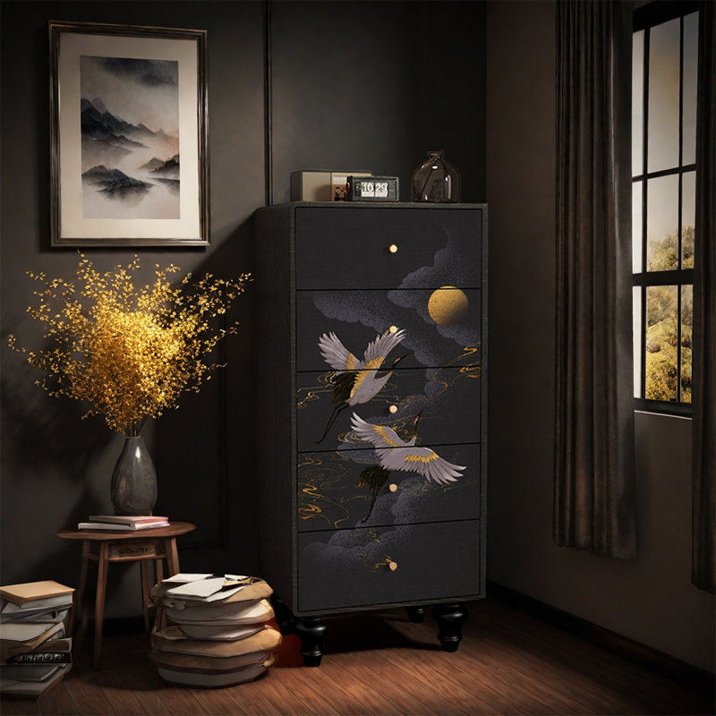 Armoire à cinq tiroirs en bois massif, Noir