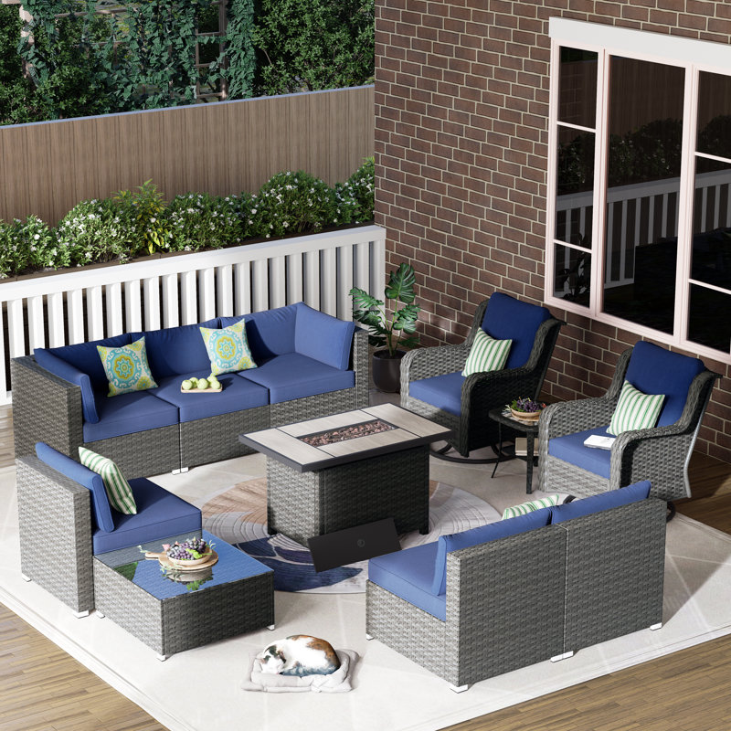 8 - Person Patio Conversation Set with Cushions, Blue, Yes
