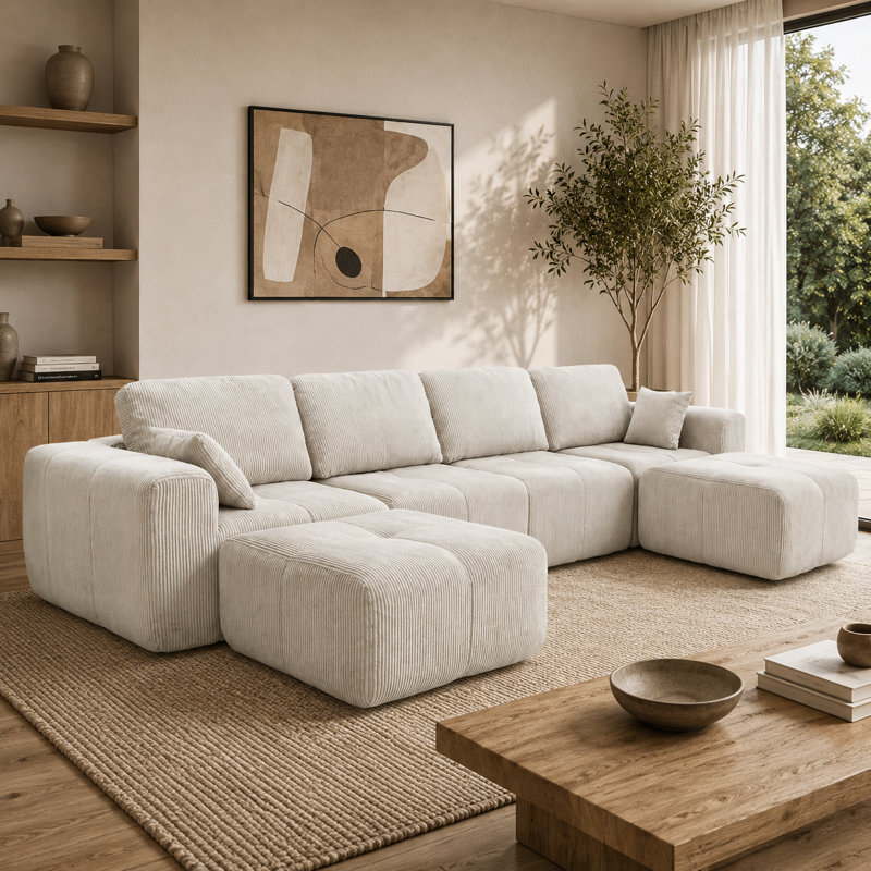 Boneless 150" Tufted Corduroy Modular Sectional Sofa with Ottomans, 6-Piece Set, White, 31.1" H x 149.6" W x 74.8" D