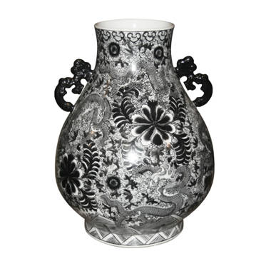 Legend of Asia White & Black Pomegranate Vase with Feathers