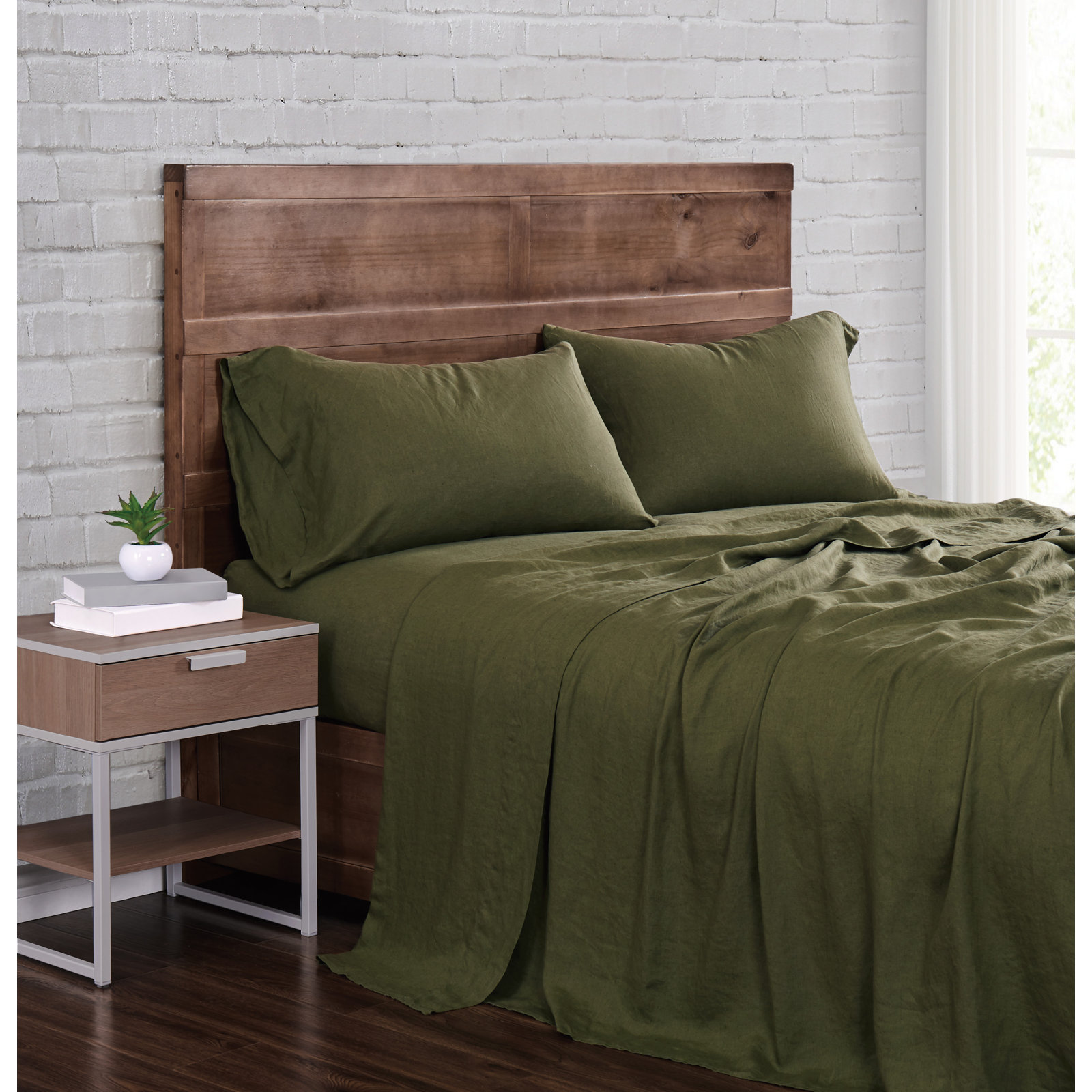 Nena Linen Sheet Set, King, Olive Green