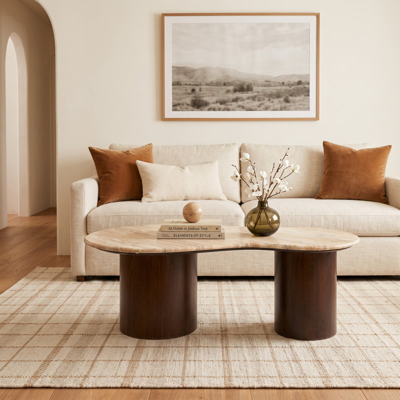 Marble and Mango Wood Organic Shaped Coffee Table, Walnut