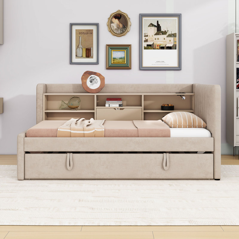 Twin Upholstered Daybed with Twin Pull-Up Trundle, Charging Station and Shelves, Beige