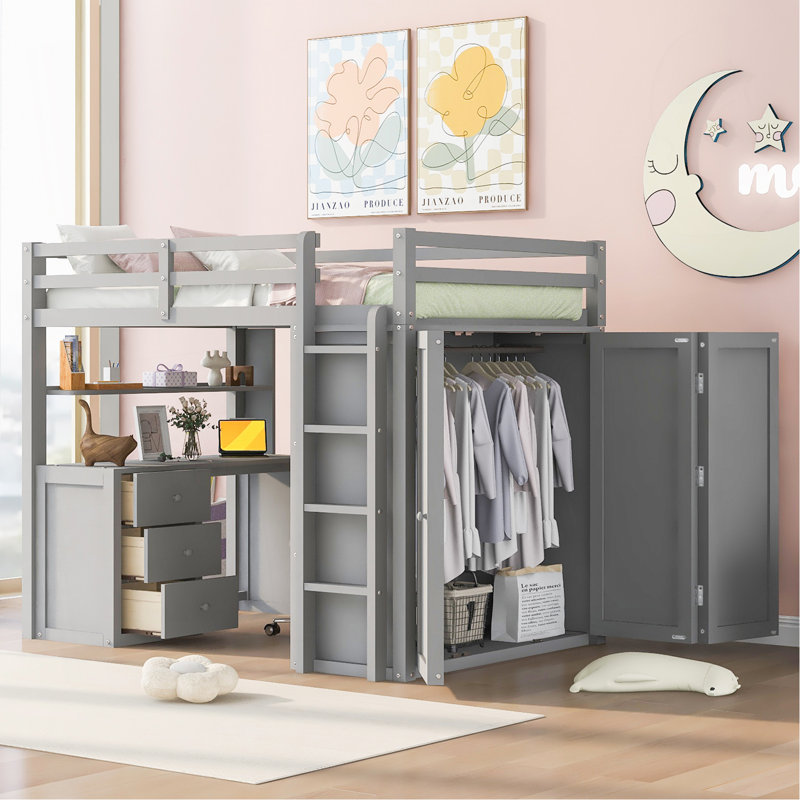 Full Size Loft Bed With Drawers,Desk,And Wardrobe-Grey, Grey