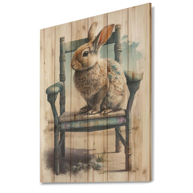 Floy Bunny assis sur une chaise en bois I - impression, H 32 po x l 16 po x P 1 po