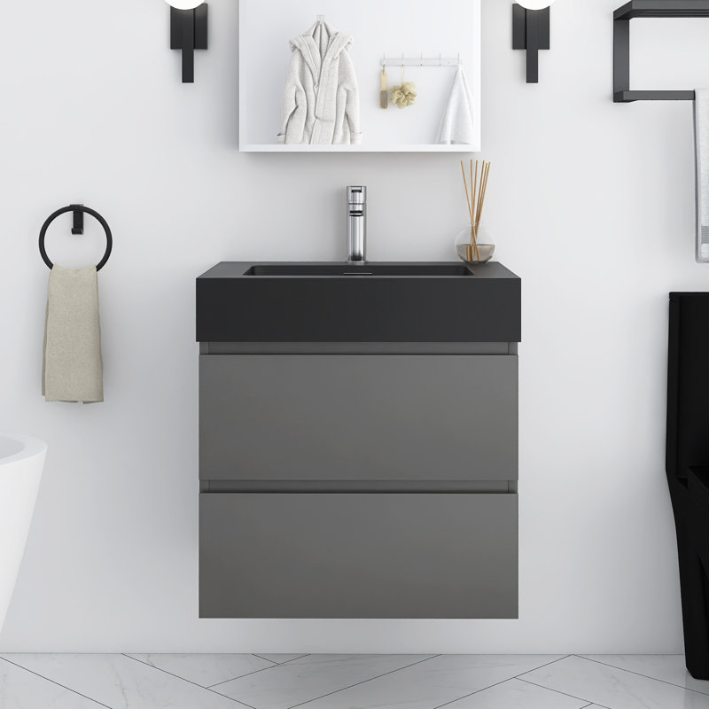 Meuble-lavabo simple mural 24 po avec lavabo en résine intégré, Gris