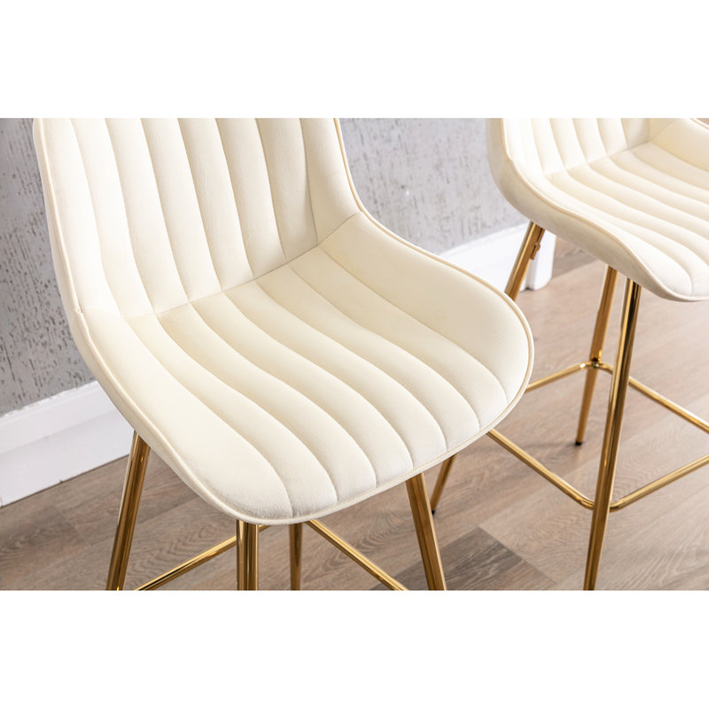 Lot de 2 tabourets de bar de 76 cm (30 pouces), tabouret de comptoir en velours crème, pieds dorés, repose-pieds, rembourrage en mousse, deux chaises longues en tissu, pieds et